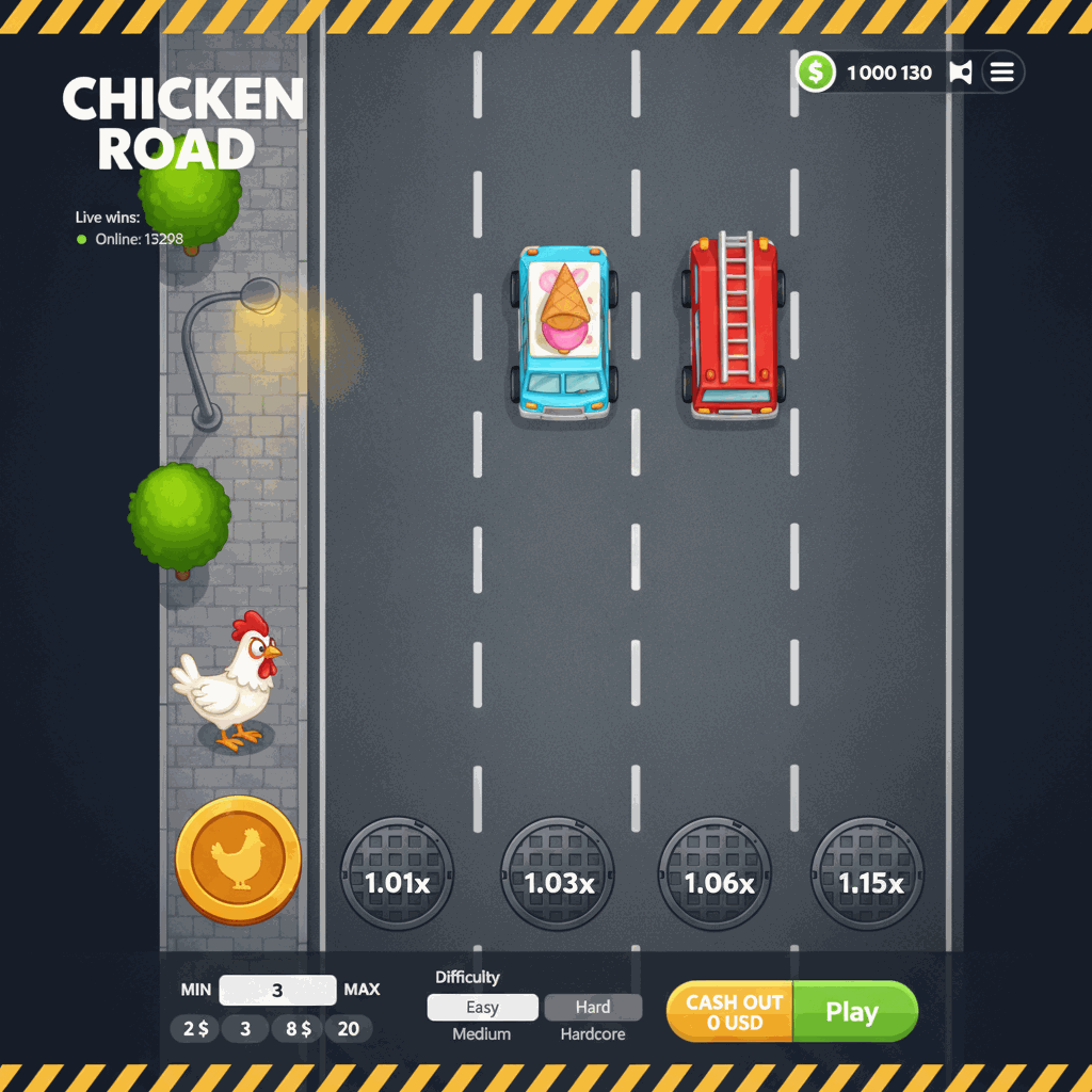 Chicken Road crash-style instant game main screen showing a cartoon chicken character positioned on an urban sidewalk ready to cross a multi-lane road with white dashed lane dividers and manhole covers displaying multiplier values while cars drive across lanes